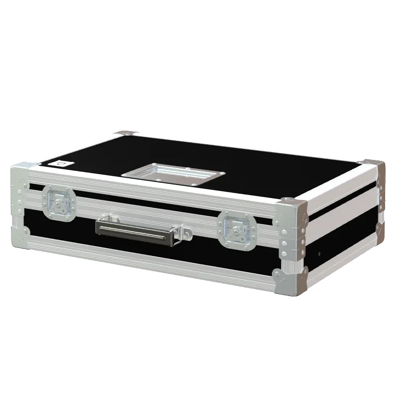 ALP FLIGHT CASES front view of Minuit Une IVL Square laser fixture flight case with heavy-duty touring hardware
