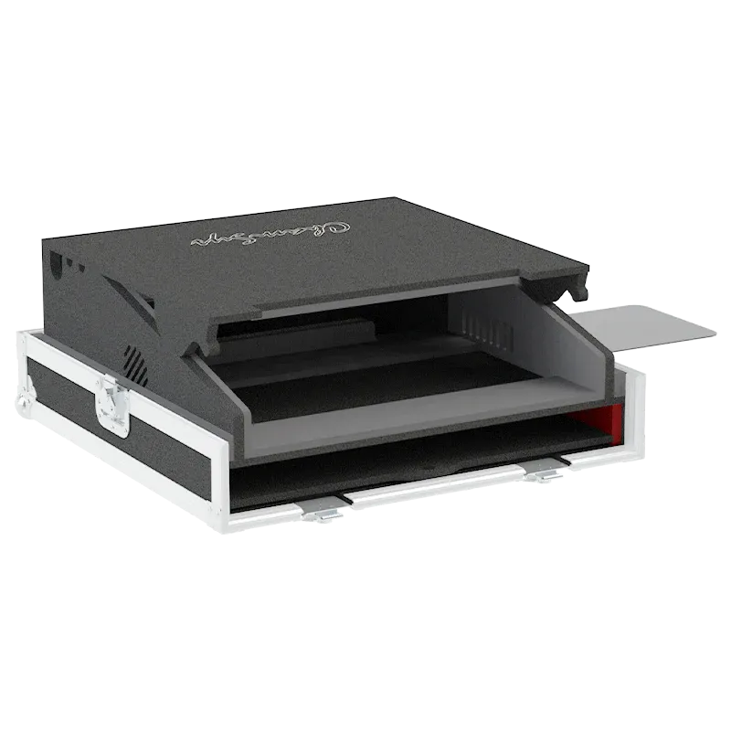 CHAMSYS MQ60 + DISPLAY - WHEELS CLOSED FLIGHT CASE SIDE VIEW