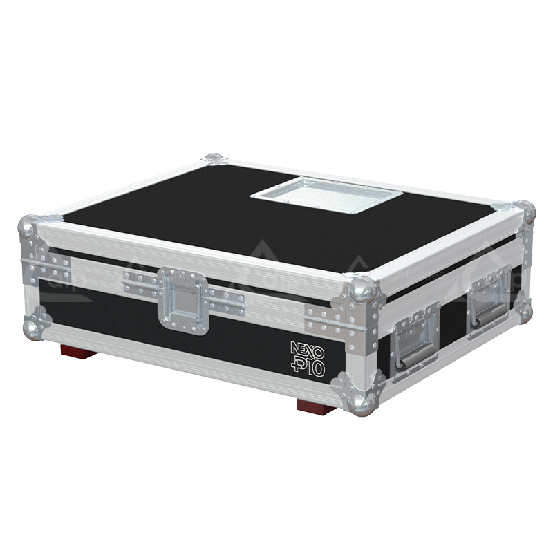 Rear view of the road case for NEXO P10 Bumpers showing heavy-duty hardware and 9mm birch plywood