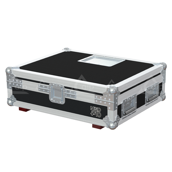 Rear view of the road case for NEXO P10 Bumpers showing heavy-duty hardware and 9mm birch plywood