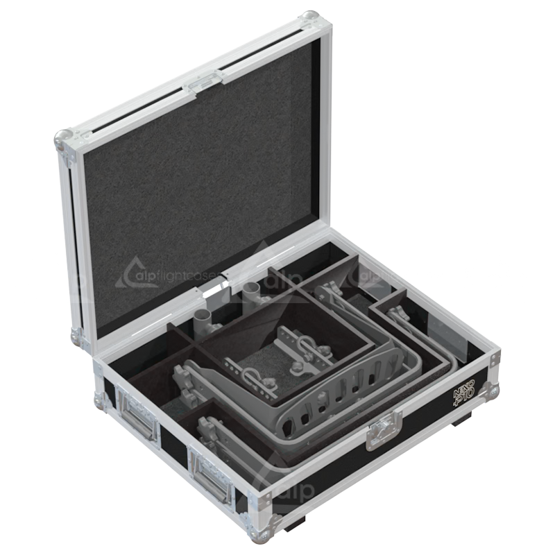 Two NEXO P10 Bumpers safely secured inside the custom flight case with dedicated dividers for protection