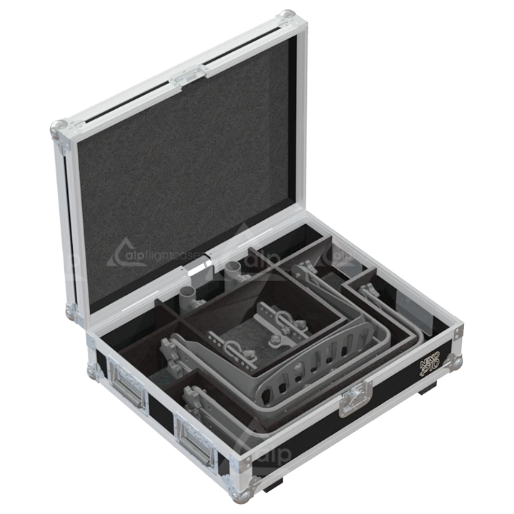 Two NEXO P10 Bumpers safely secured inside the custom flight case with dedicated dividers for protection