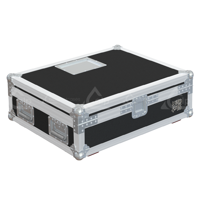 Rear view of the road case for NEXO P15 Bumpers showing heavy-duty hardware and 10mm birch plywood construction