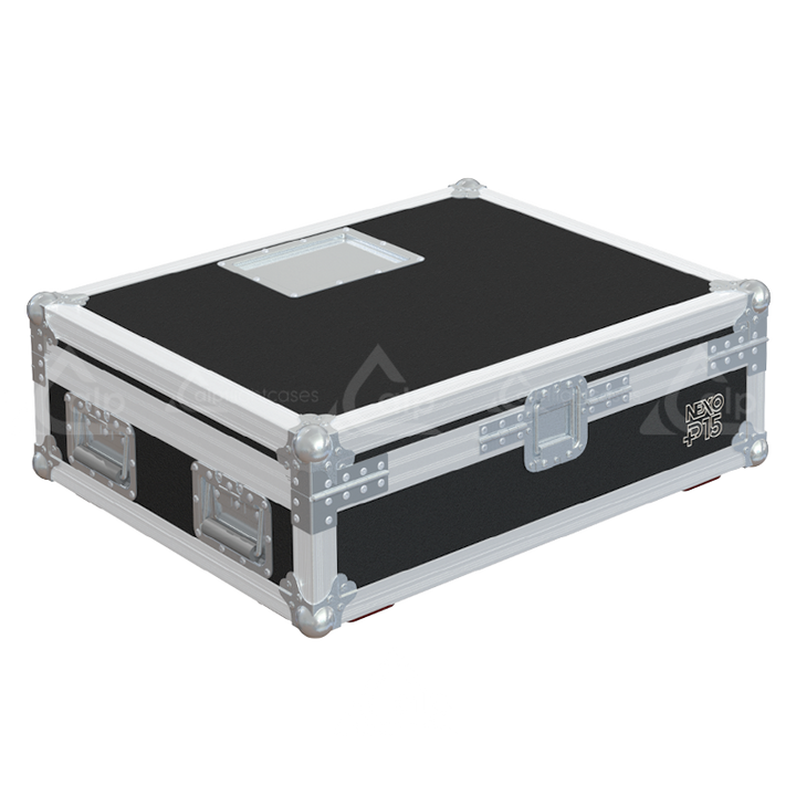 Rear view of the road case for NEXO P15 Bumpers showing heavy-duty hardware and 10mm birch plywood construction