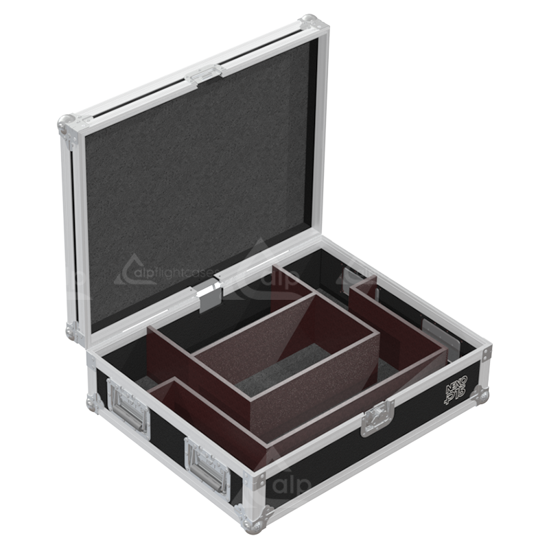 Empty interior of the flight case for 2x NEXO P15 Bumper showing precision CNC-cut foam and reinforced slots