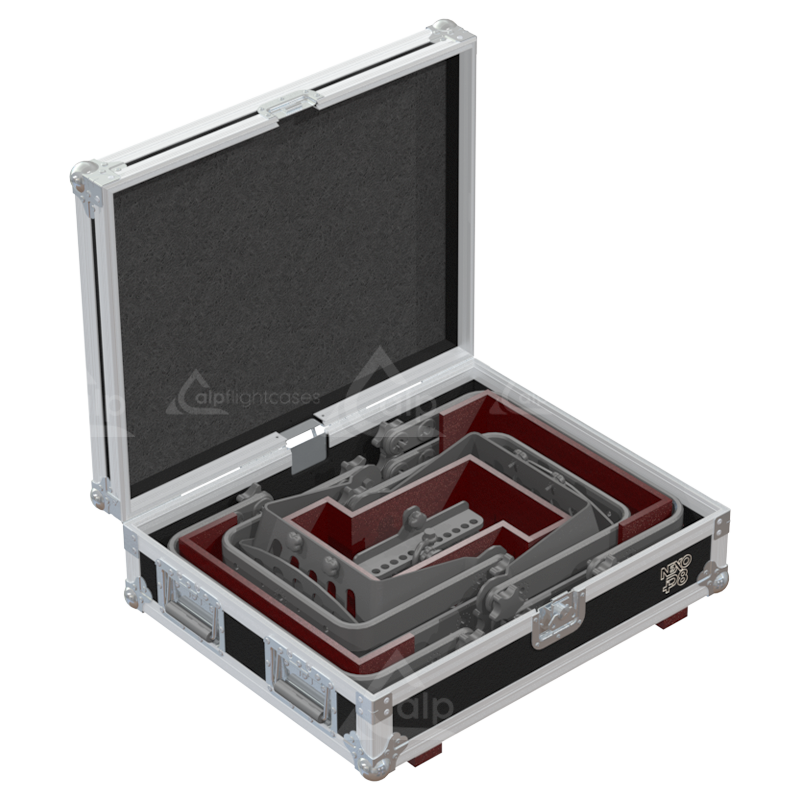 Four NEXO P8 Bumpers safely secured inside the custom flight case with dedicated dividers for protection