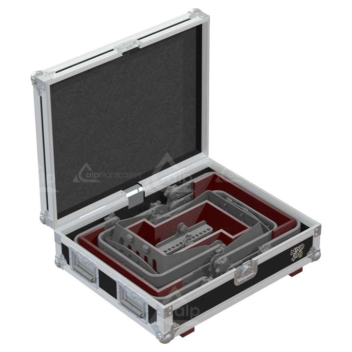 Four NEXO P8 Bumpers safely secured inside the custom flight case with dedicated dividers for protection
