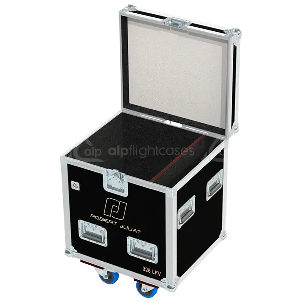Empty flight case for 1x Robert Juliat 326LFV showing precision-cut slots for the fixture, barndoors, and magnetic ballast
