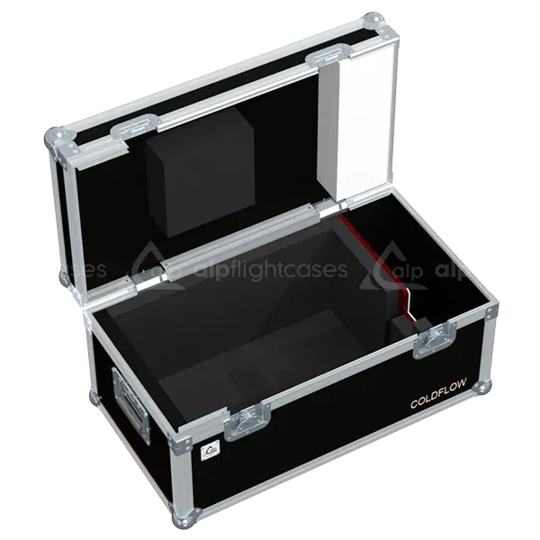 Empty ALP FLIGHT CASES trunk for Rosco Coldflow showing dedicated space for the remote control and high-pressure CO2 fittings