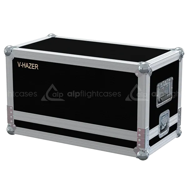 Front view of Rosco V-Hazer flight case with wheels and heavy-duty touring hardware