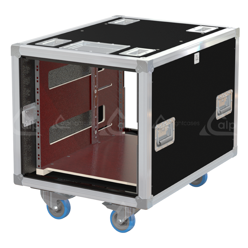 Empty interior of the 10U 640mm side sliding rack flight case highlighting the front and rear 19 inch rack plumb columns