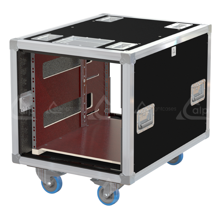 Empty interior of the 10U 640mm side sliding rack flight case highlighting the front and rear 19 inch rack plumb columns