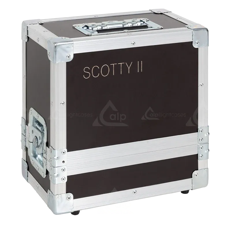 ALP FLIGHT CASES front view of Smoke Factory Scotty II battery-operated fog machine flight case with heavy-duty 10mm birch plywood