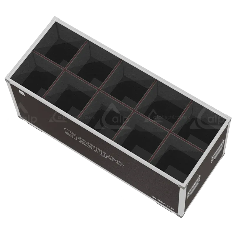 Empty Speedy-Box for 10x Cameo ZENIT Z120 showing 10 precision compartments and sliding latch system