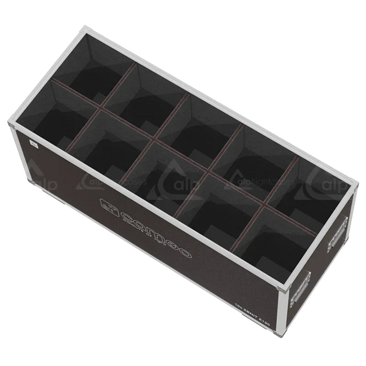 Empty Speedy-Box for 10x Cameo ZENIT Z120 showing 10 precision compartments and sliding latch system