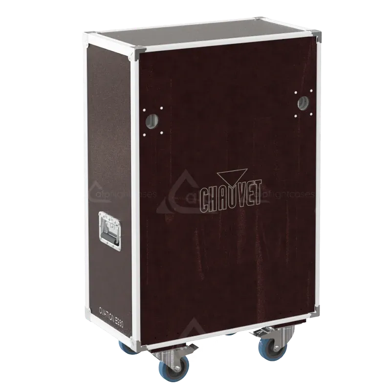 Front view of ALP Flight Cases Speedy-Box for 2x Chauvet Ovation E-930VW with wheels and touring hardware