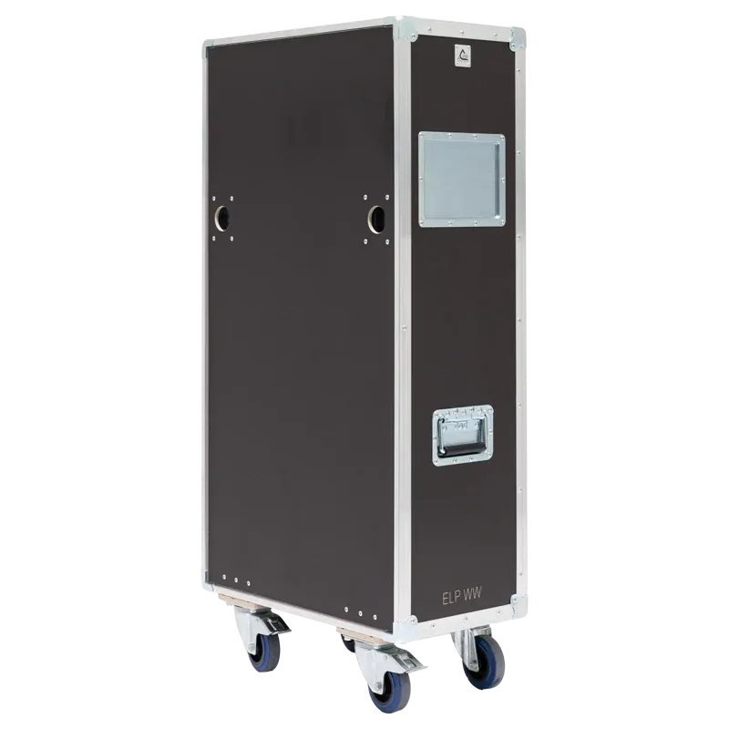 Front view of SPEEDY-BOX flight case for 2x Martin ELP WW LED Ellipsoidal with wheels and touring hardware