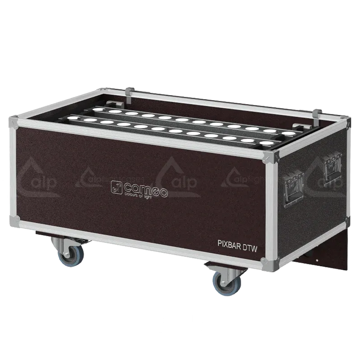 6x Cameo PIXBAR 600 DTW PRO LED bars stored in the vertical Speedy-Box system for high-density transport