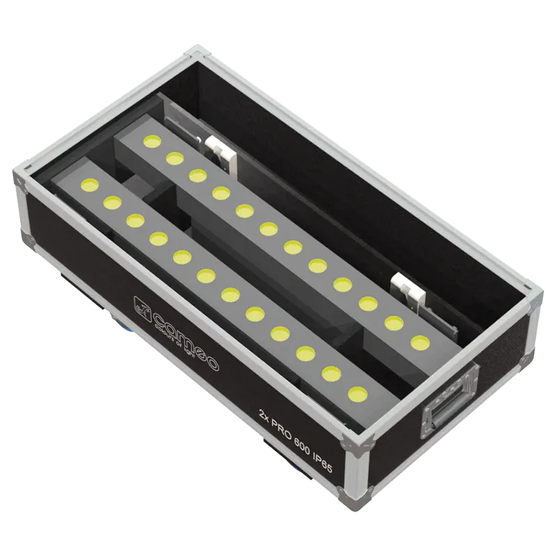 2x Cameo PixBar 600 Pro IP65 wash lights stored in ALP Speedy Box lighting flight case with custom CNC foam compartments