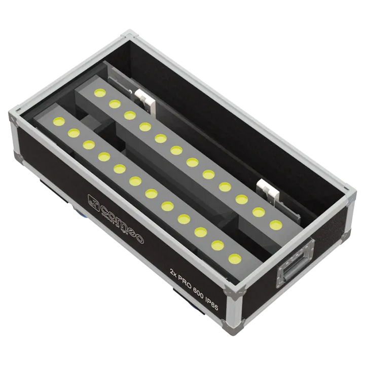 2x Cameo PixBar 600 Pro IP65 wash lights stored in ALP Speedy Box lighting flight case with custom CNC foam compartments