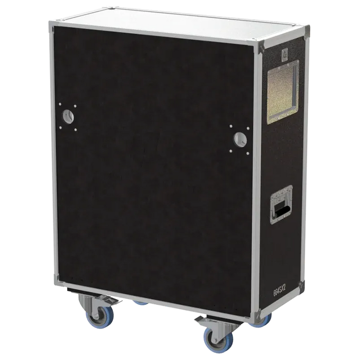 Front view of Speedy Box for 2x Robert Juliat 664SX2 flight case with wheels and heavy-duty touring hardware