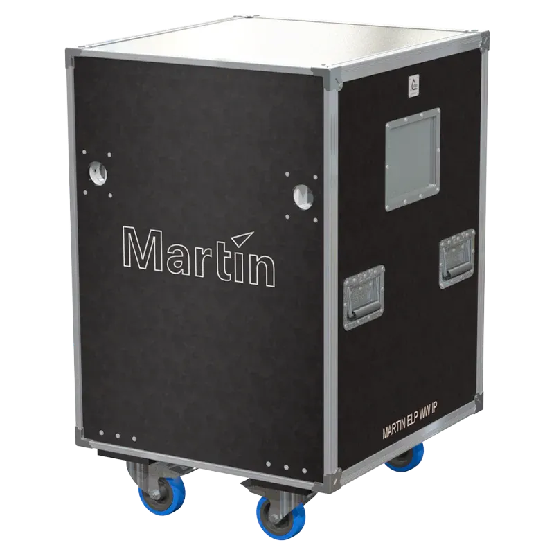 Front view of SPEEDY-BOX flight case for 4x Martin ELP WW IP LED Ellipsoidal with wheels and touring hardware
