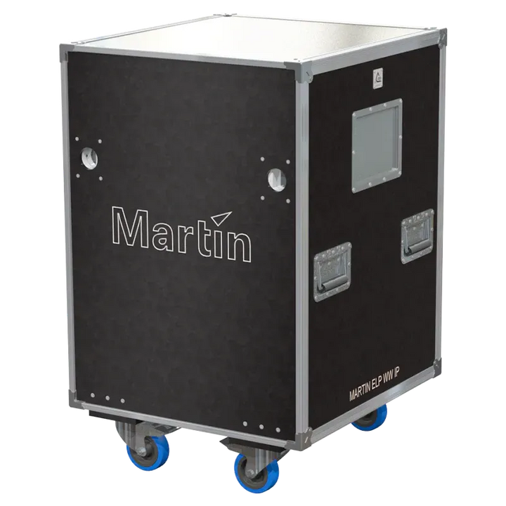 Front view of SPEEDY-BOX flight case for 4x Martin ELP WW IP LED Ellipsoidal with wheels and touring hardware