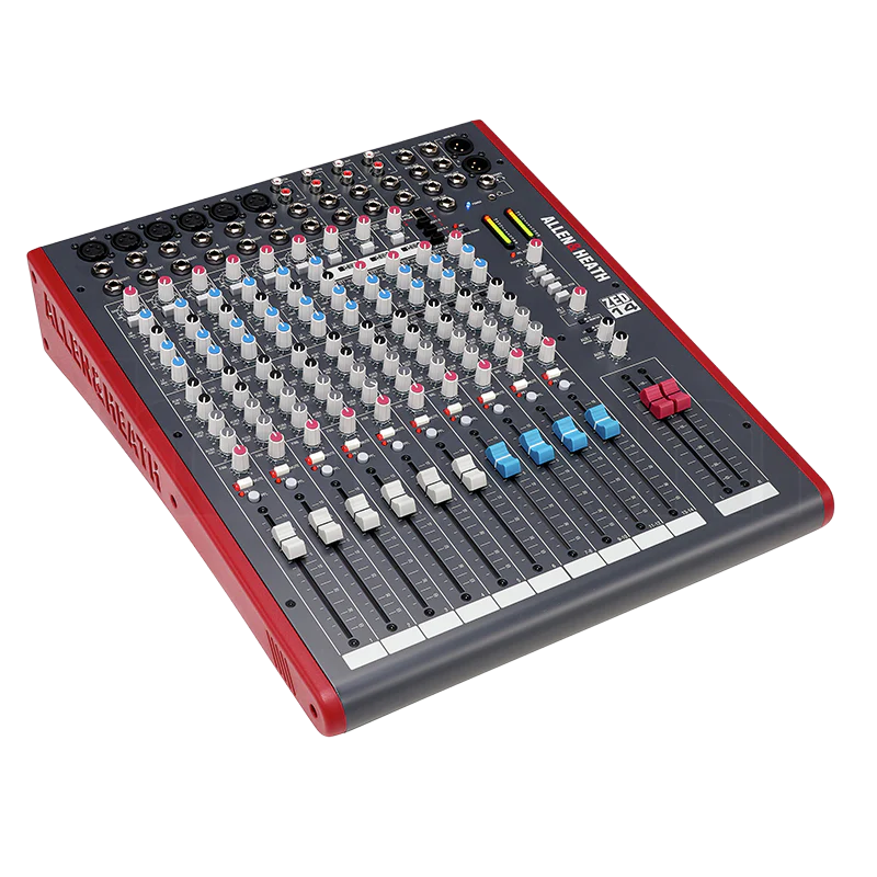 Top-down standalone view of the Allen & Heath ZED-14 analog mixing console before packing
