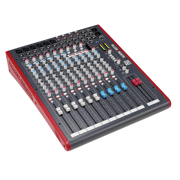 Top-down standalone view of the Allen & Heath ZED-14 analog mixing console before packing