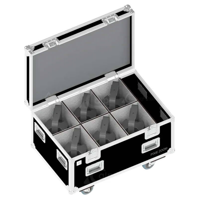 Open ALP Flight Case with six Prolights PIXIE ZOOM fixtures positioned inside for professional transport