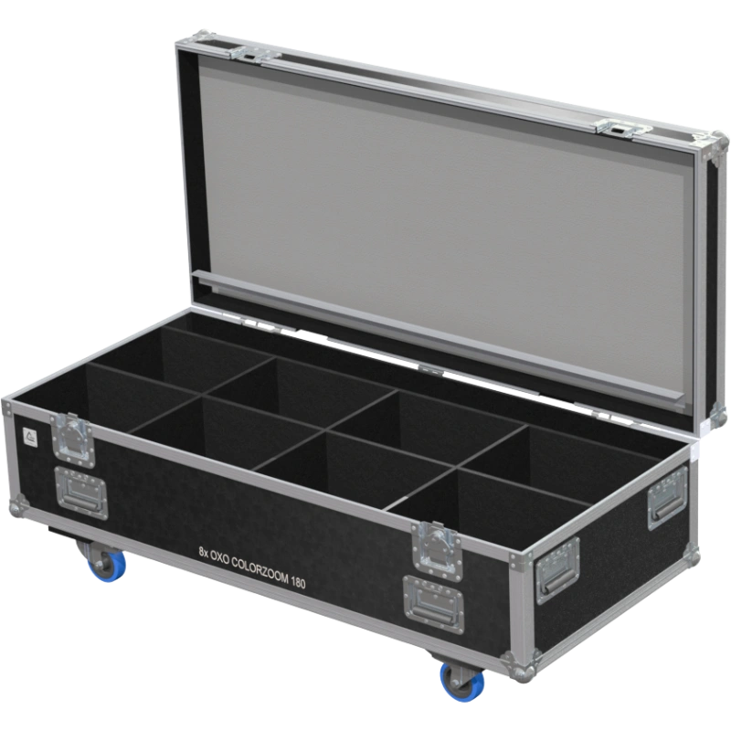 Open empty ALP Flight Case LPJ8P021R showing the dedicated configuration for eight OXO COLORZOOM 180 fixtures