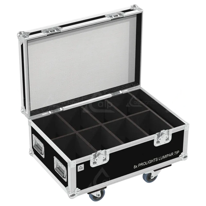 Open empty ALP Flight Case LPJ8P034R showing the dedicated layout for eight PROLIGHTS LUMIPAR 7IP fixtures