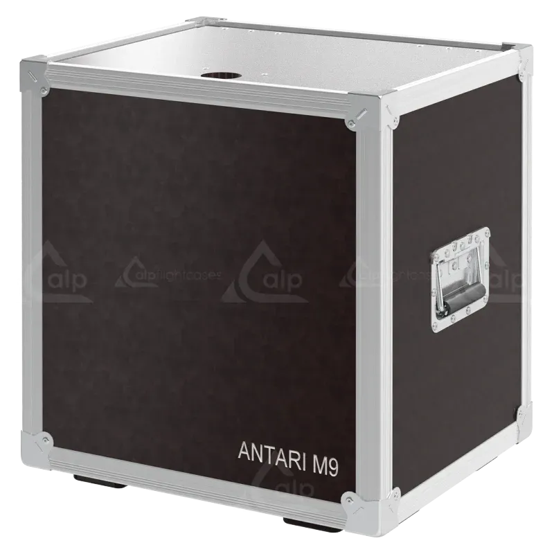 Front right view of the ALP Flight Case SE1P061 designed for the ANTARI M-9 RGBAW Stage Fog Jet, featuring brown phenolic finishing.