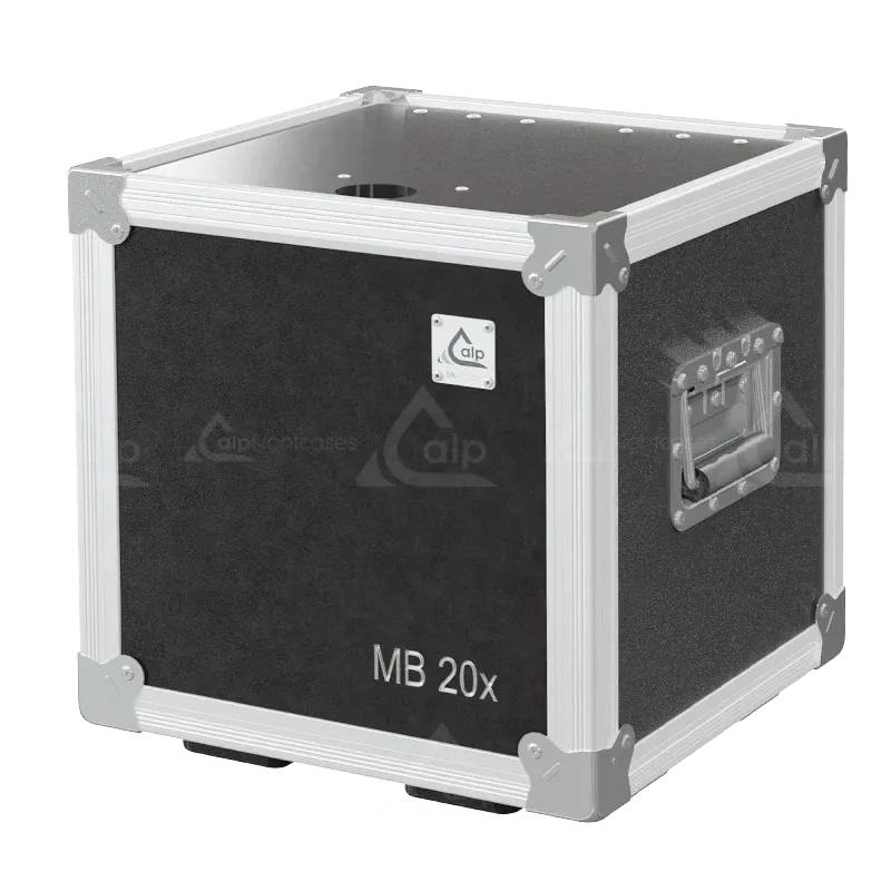 Front right view of the ALP Flight Case SE1P062 for the ANTARI MB-20X Mobile Fog Machine, featuring brown phenolic finishing and metal corner hardware.