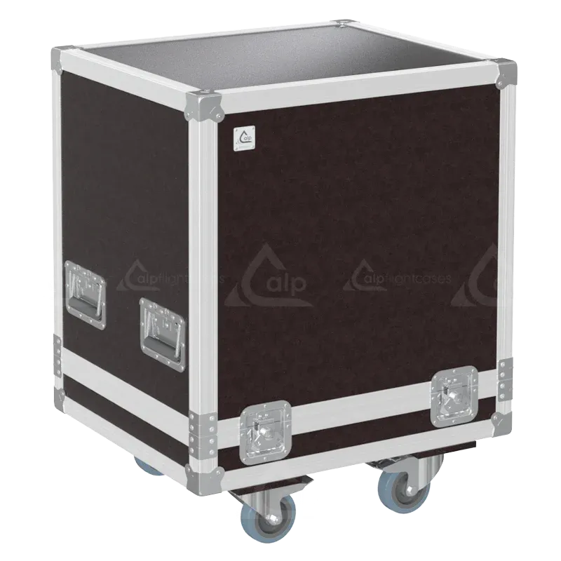 Front right view of the ALP Flight Case SE1P064R for the ANTARI S-600 Snow Machine, featuring brown phenolic finishing and professional transport hardware.