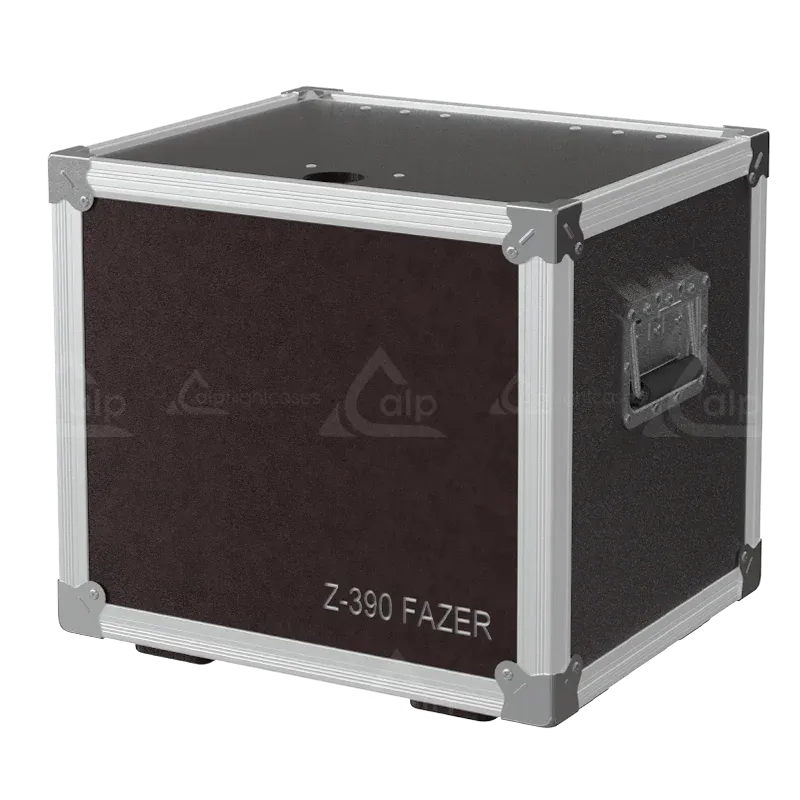 Front right view of the ALP Flight Case SE1P063 for the ANTARI Z-390 Fazer, showing its brown phenolic exterior and reinforced corner hardware.