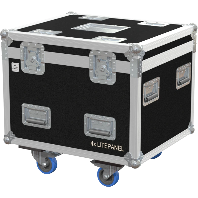 Front right view of the ALP Flight Case for 4x Astra 6x Litepanel and accessories with wheels