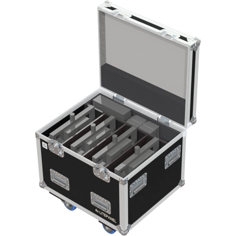 Open view of the ALP Flight Case with 4x Astra 6x Litepanel fixtures and accessories positioned inside