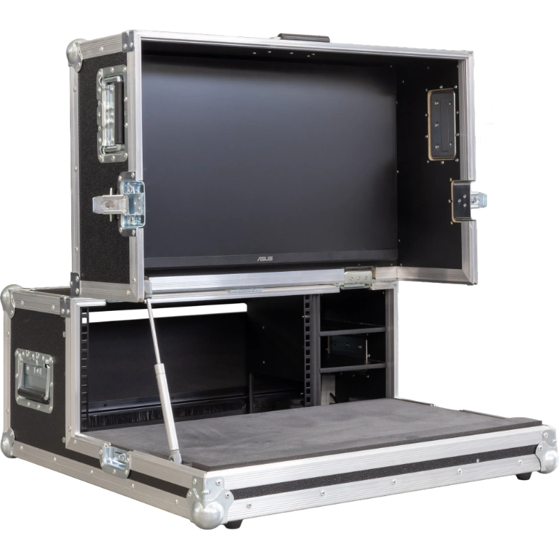 Front view of the custom flight case for the Blackmagic ATEM Television Studio Pro