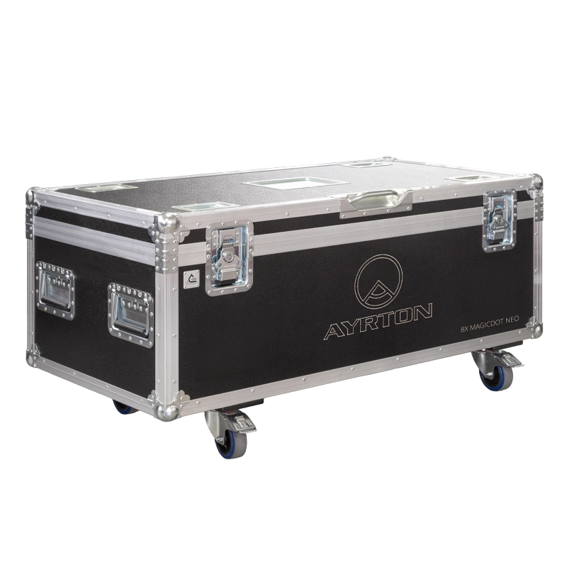 Front right view of the ALP Flight Case for 8x Ayrton MagicDot Neo with reinforced touring hardware and wheels