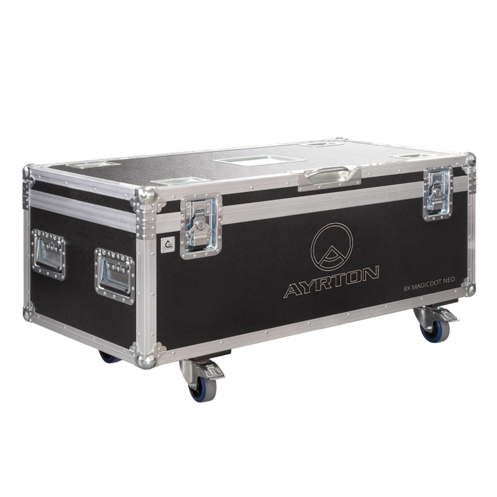 Front right view of the ALP Flight Case for 8x Ayrton MagicDot Neo with reinforced touring hardware and wheels