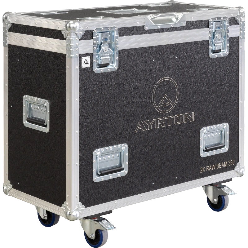 Front right view of the ALP Flight Case for 2x Ayrton RawBeam 350 with wheels and professional touring hardware