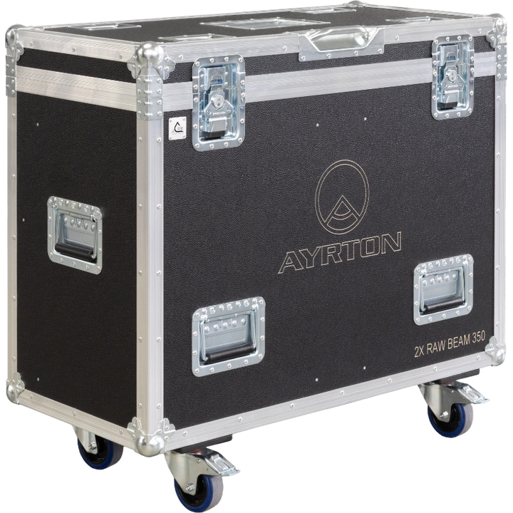 Front right view of the ALP Flight Case for 2x Ayrton RawBeam 350 with wheels and professional touring hardware