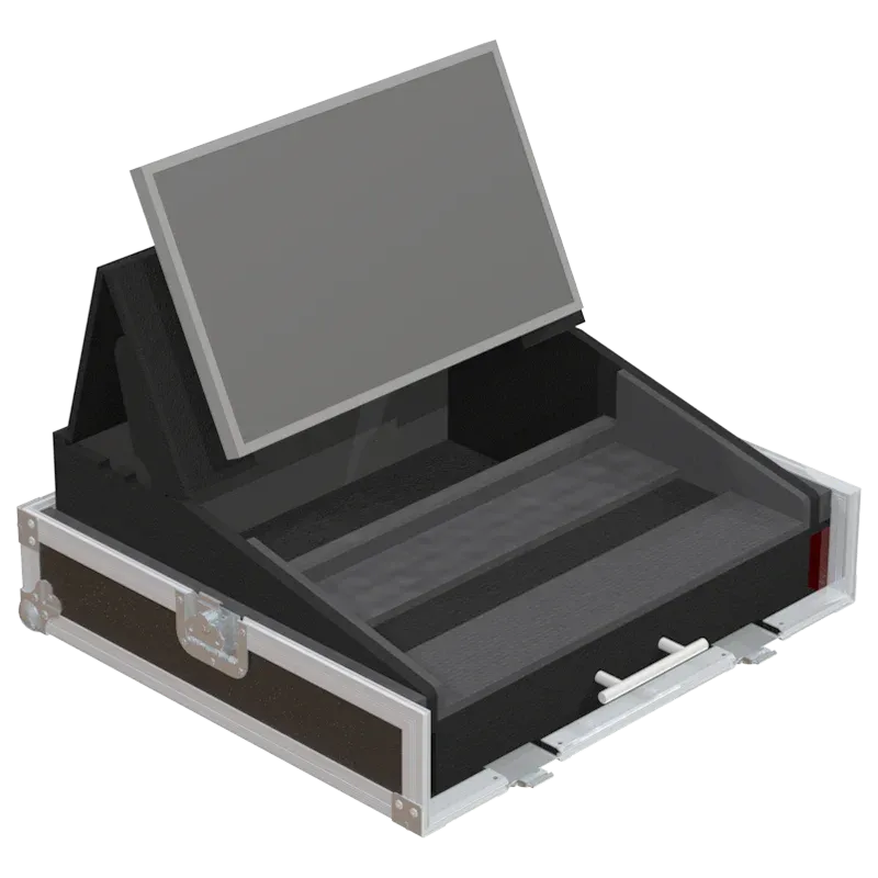 Open empty ALP Flight Case for ChamSys MagicQ PC Wing Compact + iiyama showing the dedicated internal layout
