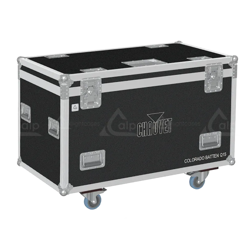 Front right view of the ALP Flight Case LB12P005R for 12 CHAUVET COLORADO Batten Q15 fixtures, featuring PVC finishing, reinforced corners and transport wheels.