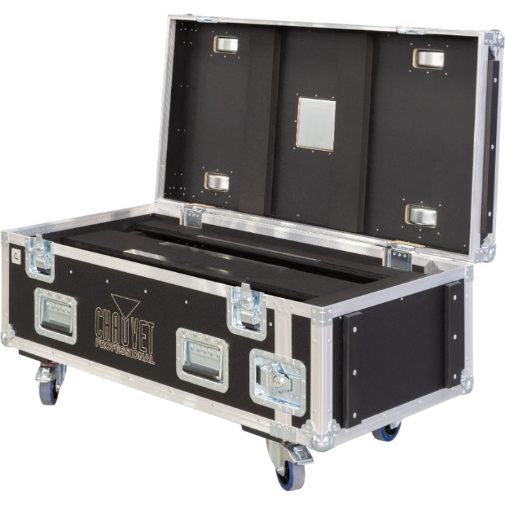Open empty view of the ALP Flight Case for 2x Chauvet Colorado PXL Curve 5 showing HD foam, hard rubber support and closed accessories compartment
