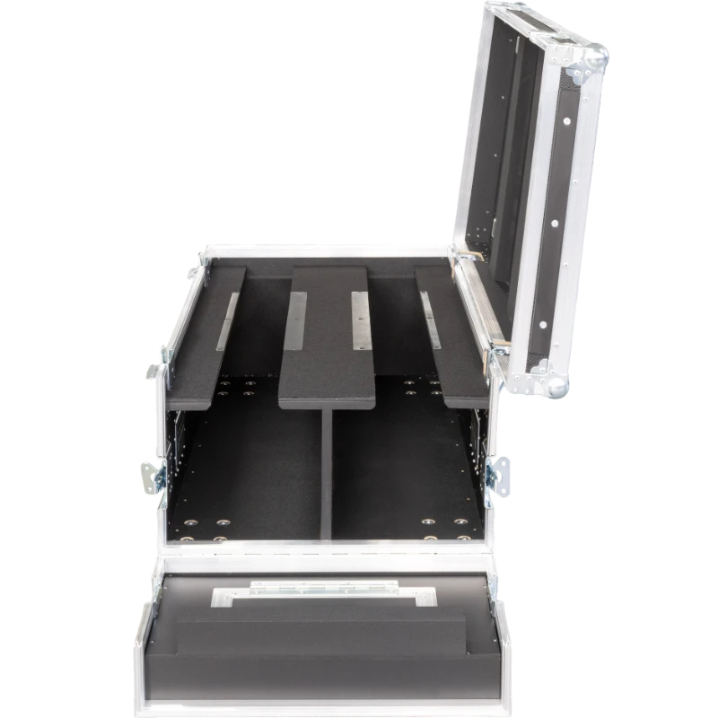 Open empty view of the ALP Flight Case for 2x Chauvet Colorado PXL Curve 5 showing HD foam, hard rubber support and closed accessories compartment