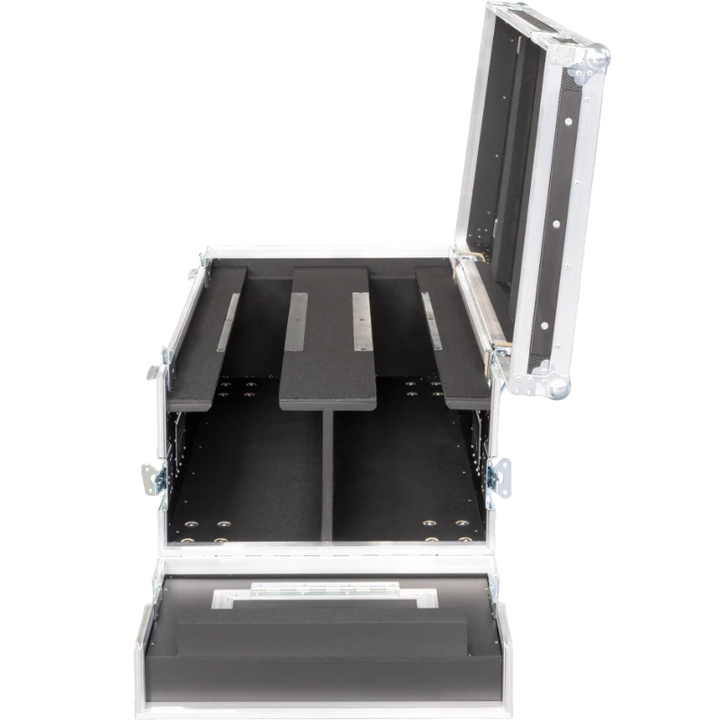 Open empty view of the ALP Flight Case for 2x Chauvet Colorado PXL Curve 5 showing HD foam, hard rubber support and closed accessories compartment