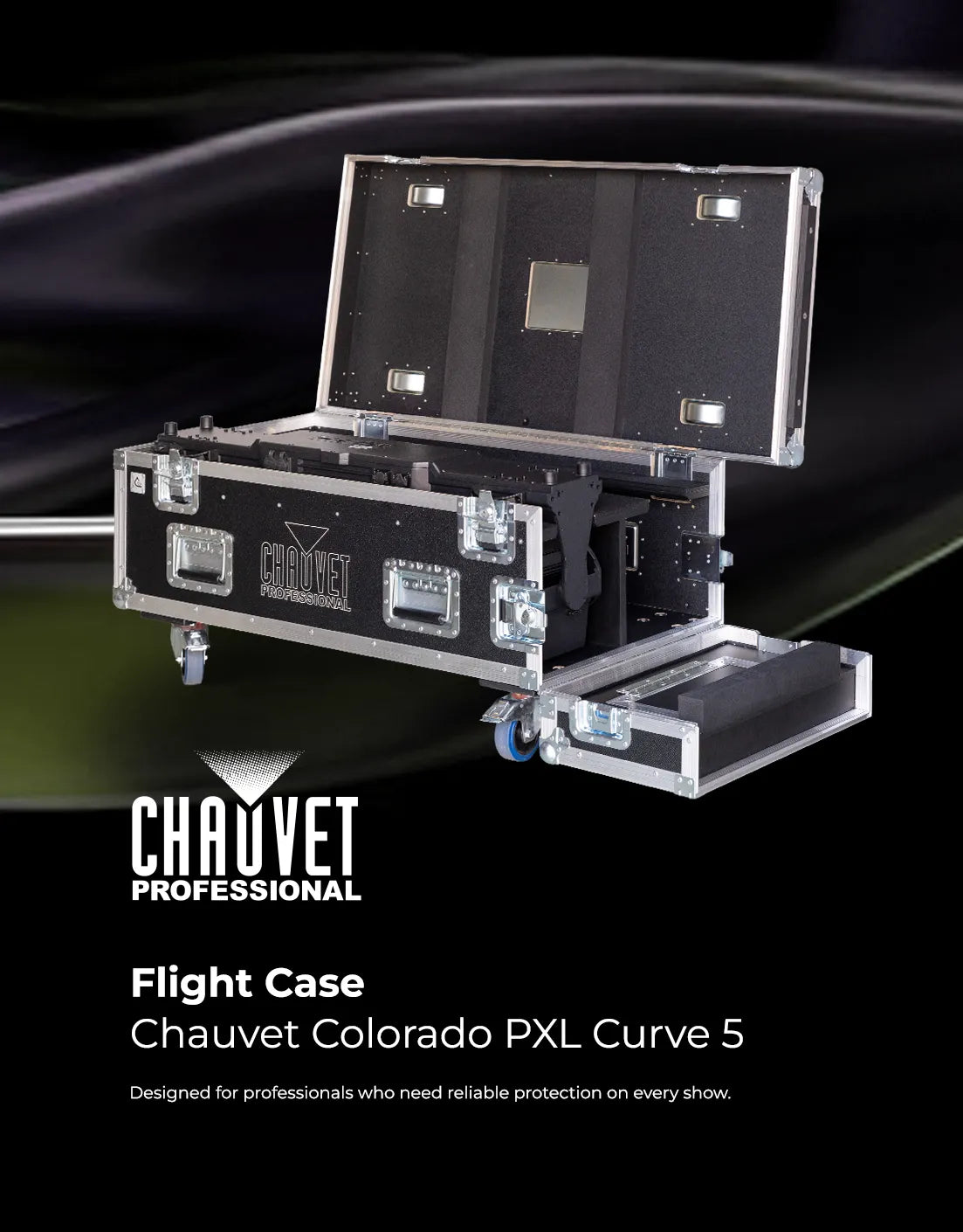 Open view of the ALP Flight Case with 2x Chauvet Colorado PXL Curve 5 fixtures positioned inside the HD foam protective layout wallpaper mobile