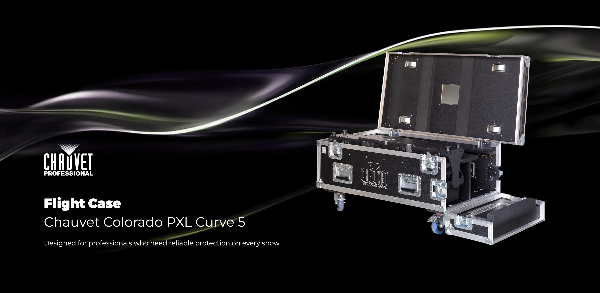 Open view of the ALP Flight Case with 2x Chauvet Colorado PXL Curve 5 fixtures positioned inside the HD foam protective layout wallpaper